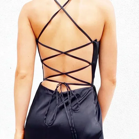 NWT Rene the Label Dylan Criss Cross Satin Back Gown Dress in Black Small
